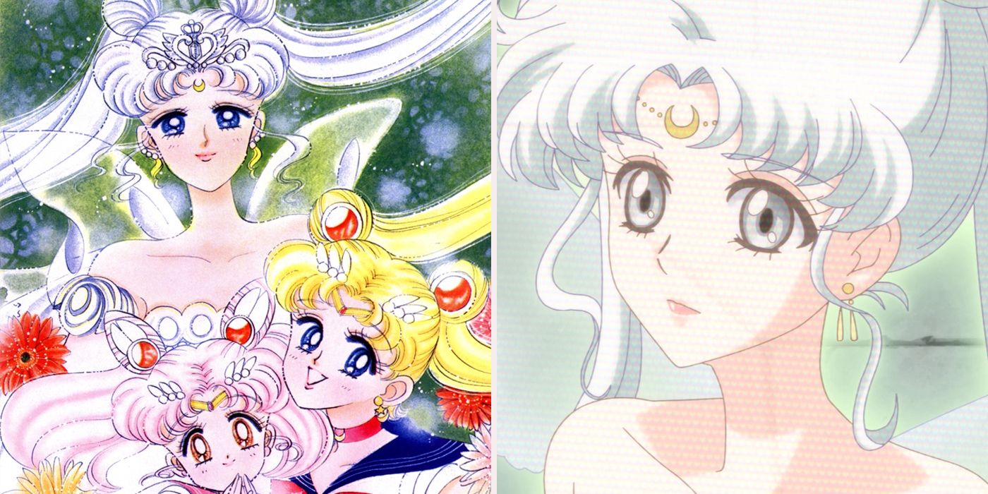 LEFT: Queen Serenity smiling gently above Sailor Moon and Sailor Chibi Moon. RIGHT: Sailor Moon in her ultimate Queen Serenity form.