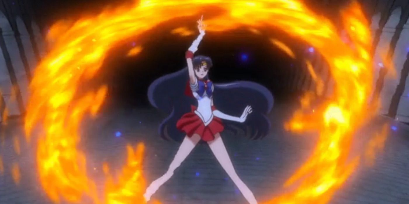 Sailor Mars Raye Hino cria um anel de fogo no anime Sailor Moon