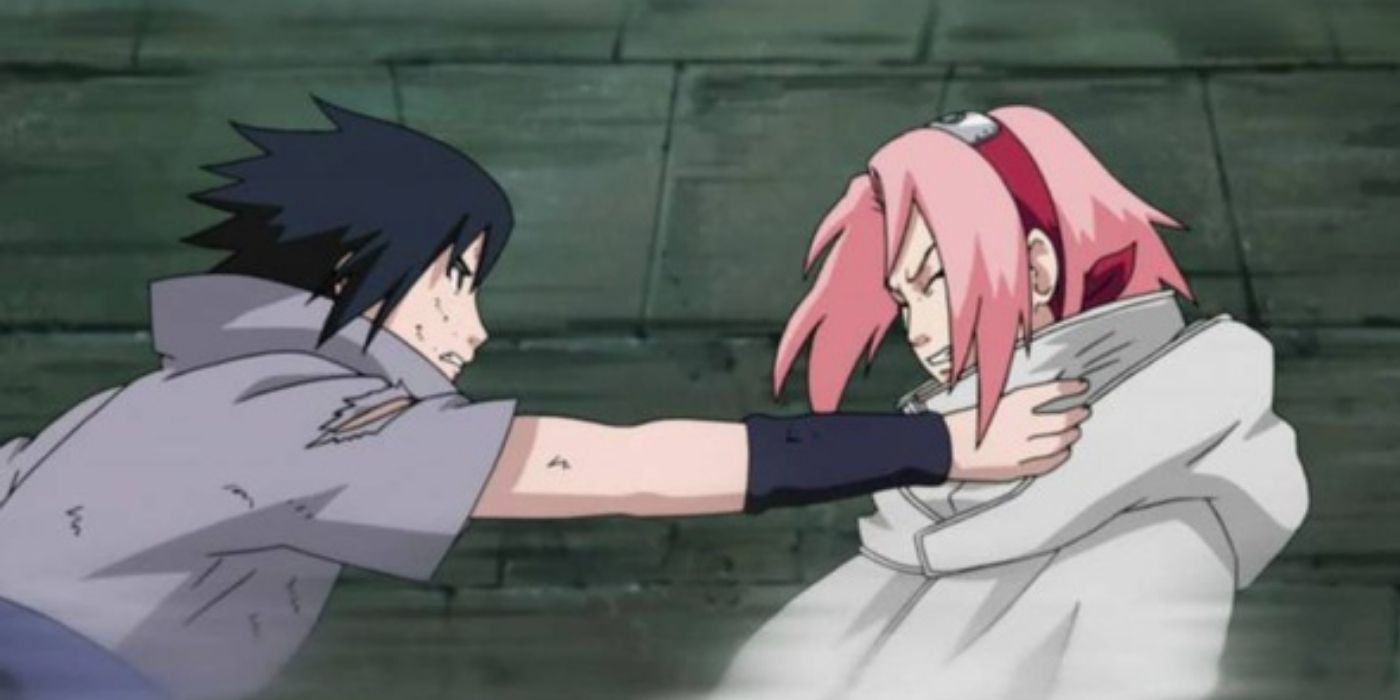 Sasuke attacks Sakura in Naruto.
