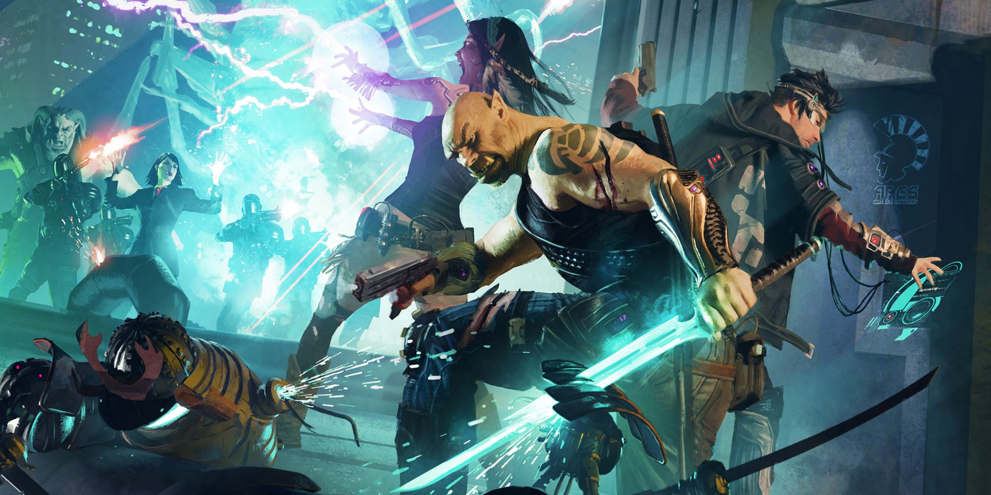 A group of characters from shadowrun battle in the street with swords, guns, and magic