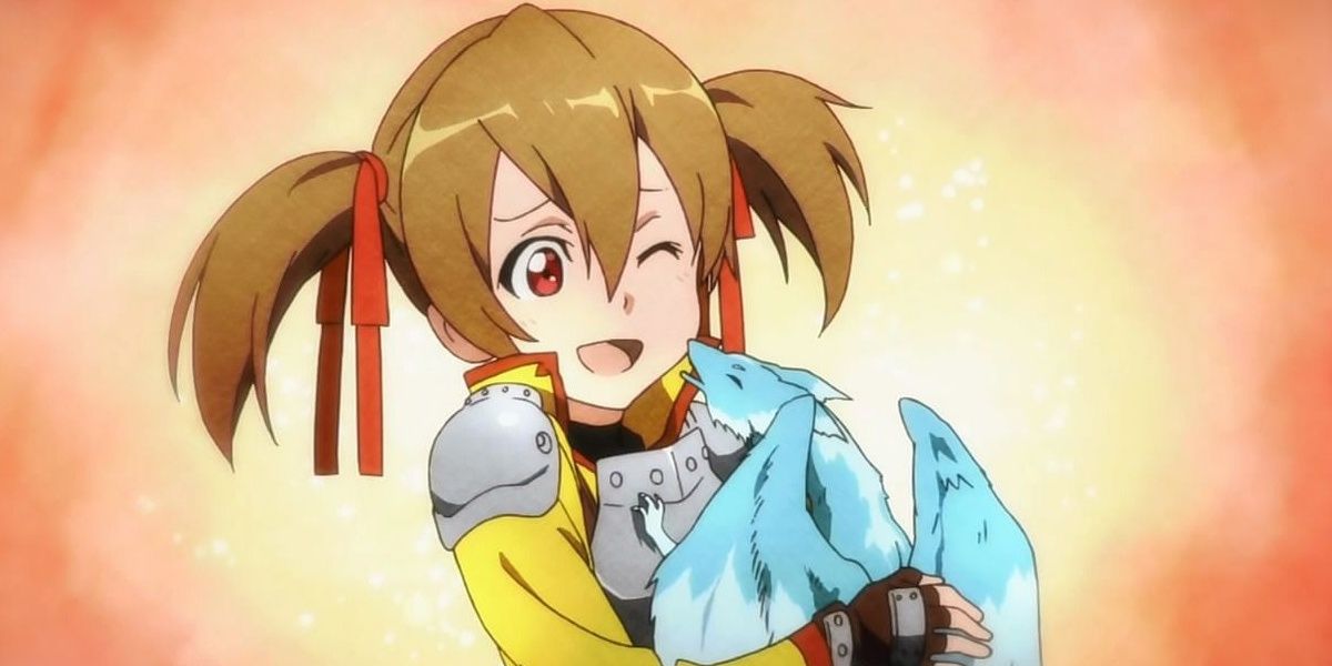 Silica holding her dragon, Pina from Sword Art Online