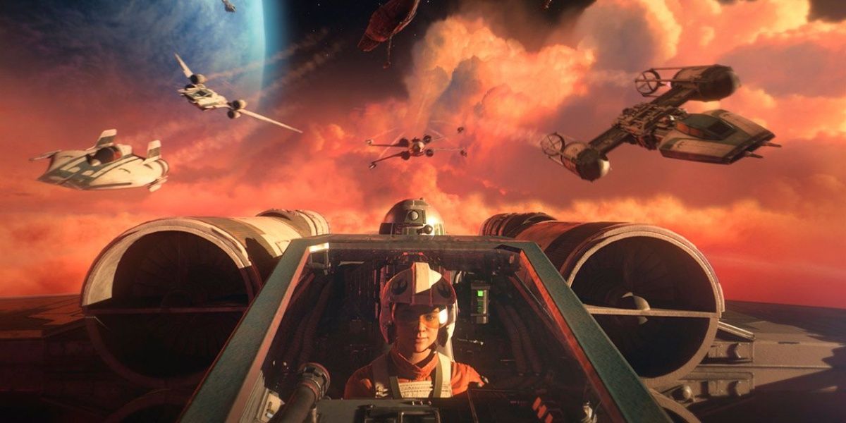 A Y-Wing fighter in formation in the Star Wars Squadrons video game