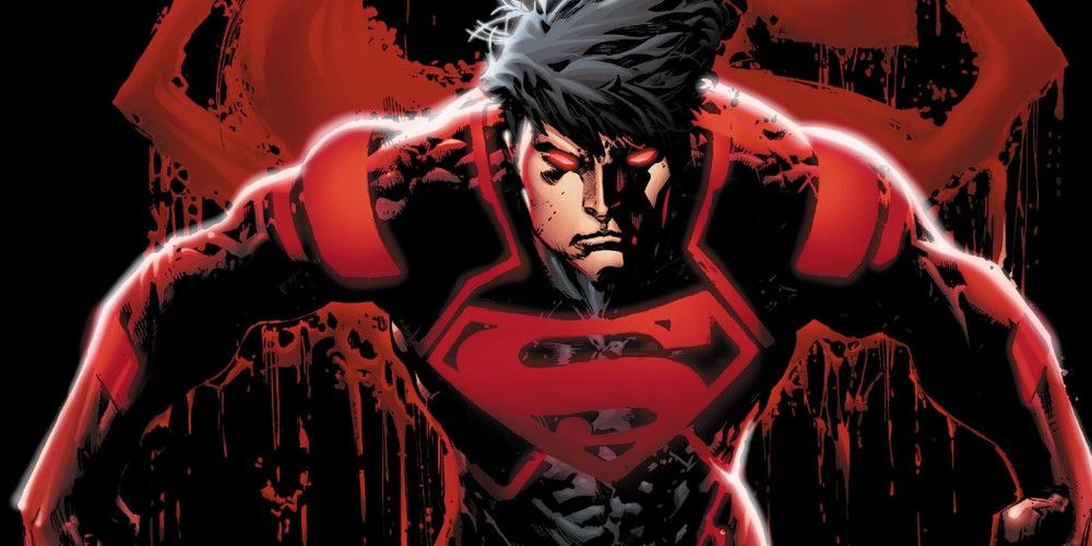 An image of the New 52 Superboy in front of a Superman logo made from blood in Dc Comics