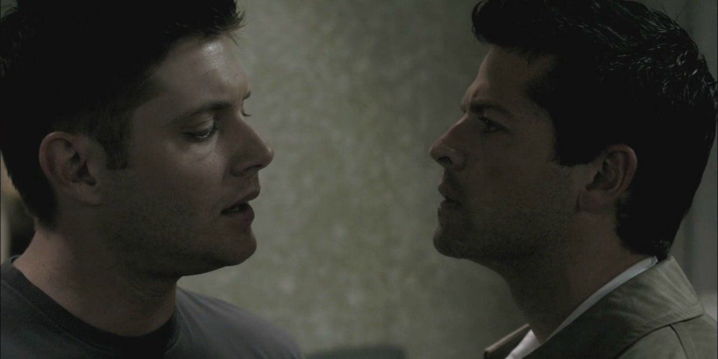 Dean and Castiel looking at each other in Supernatural