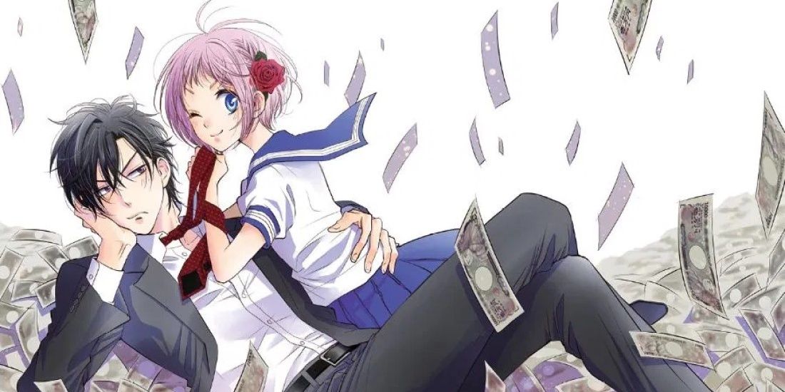 Takane lying on a pile of money holding Hana from the manga series Takane and Hana