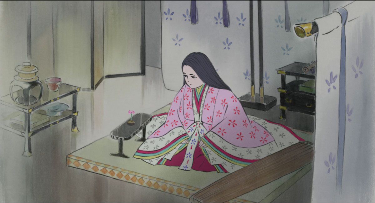 Princess Kaguya in her room looking peaceful in The Tale of Princess Kaguya