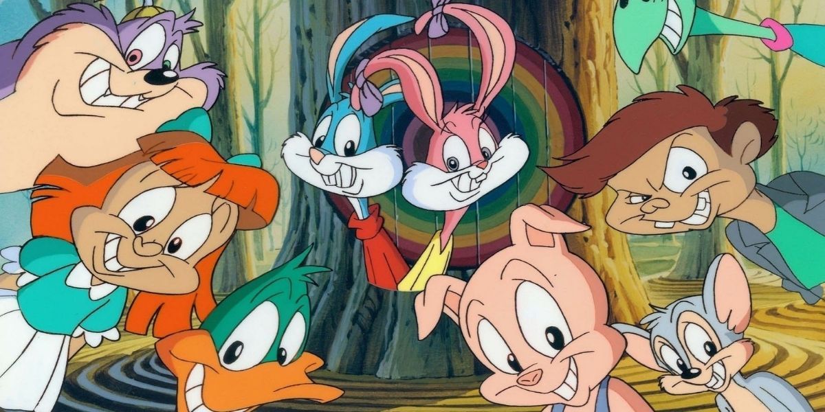 Buster and Babs Bunny surrounded by their classmates in Tiny Toon Adventures