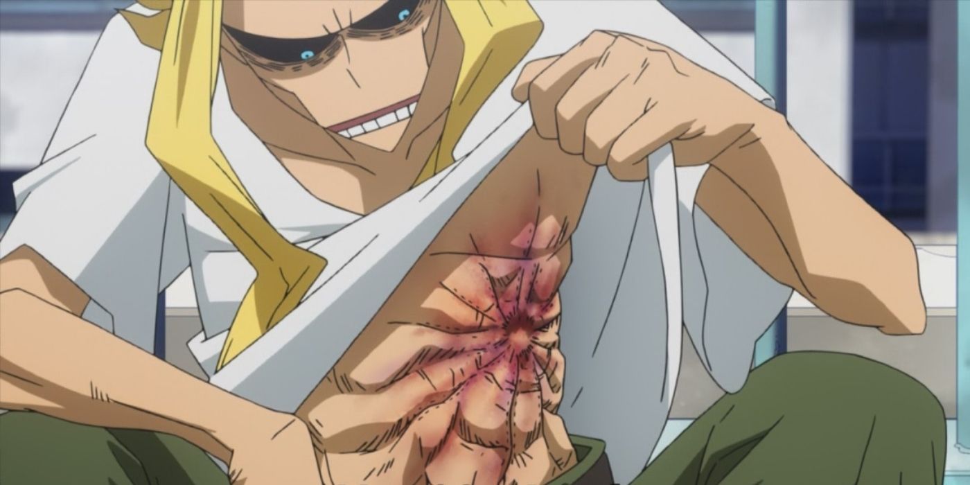 all might lifts his shirt and shows a wound