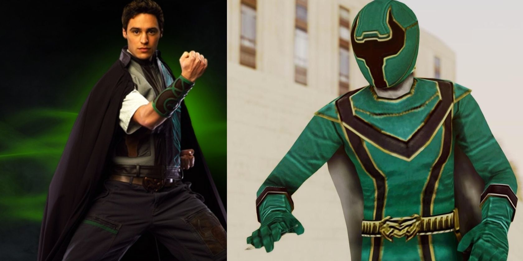 A split image of Xander as the Green Ranger in Power Rangers Mystic Force, in and out of his suit