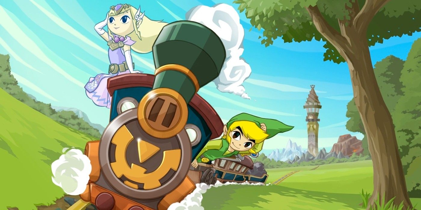 Link and Zelda travel by train in the cover art for The Legend of Zelda Spirit Tracks