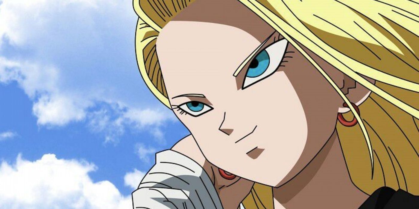 Android 18 smirking in Dragon Ball in front of a cloudy blue sky.
