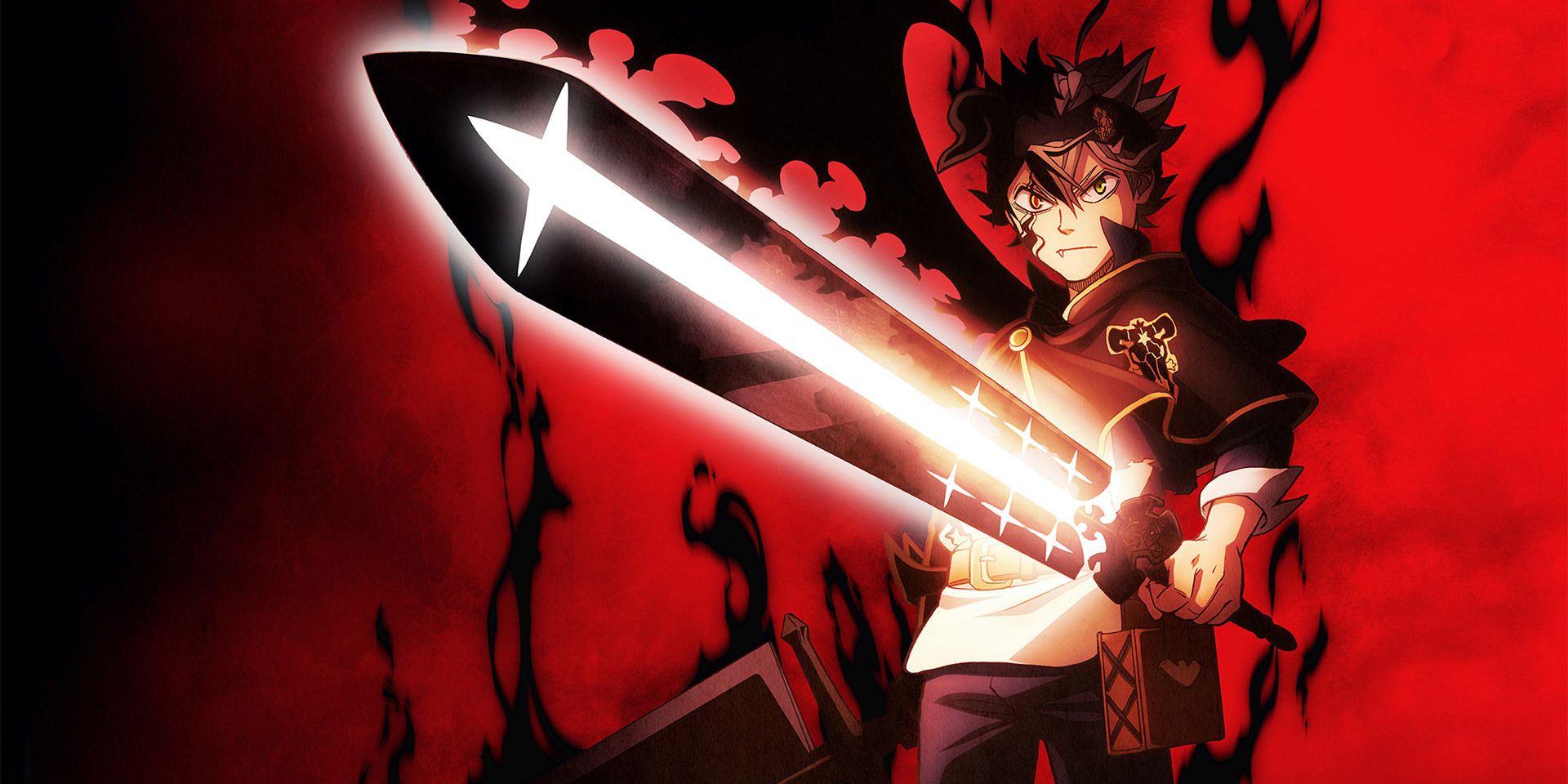 Black Clover's Asta wielding a heavy sword in front of an inky black and red background