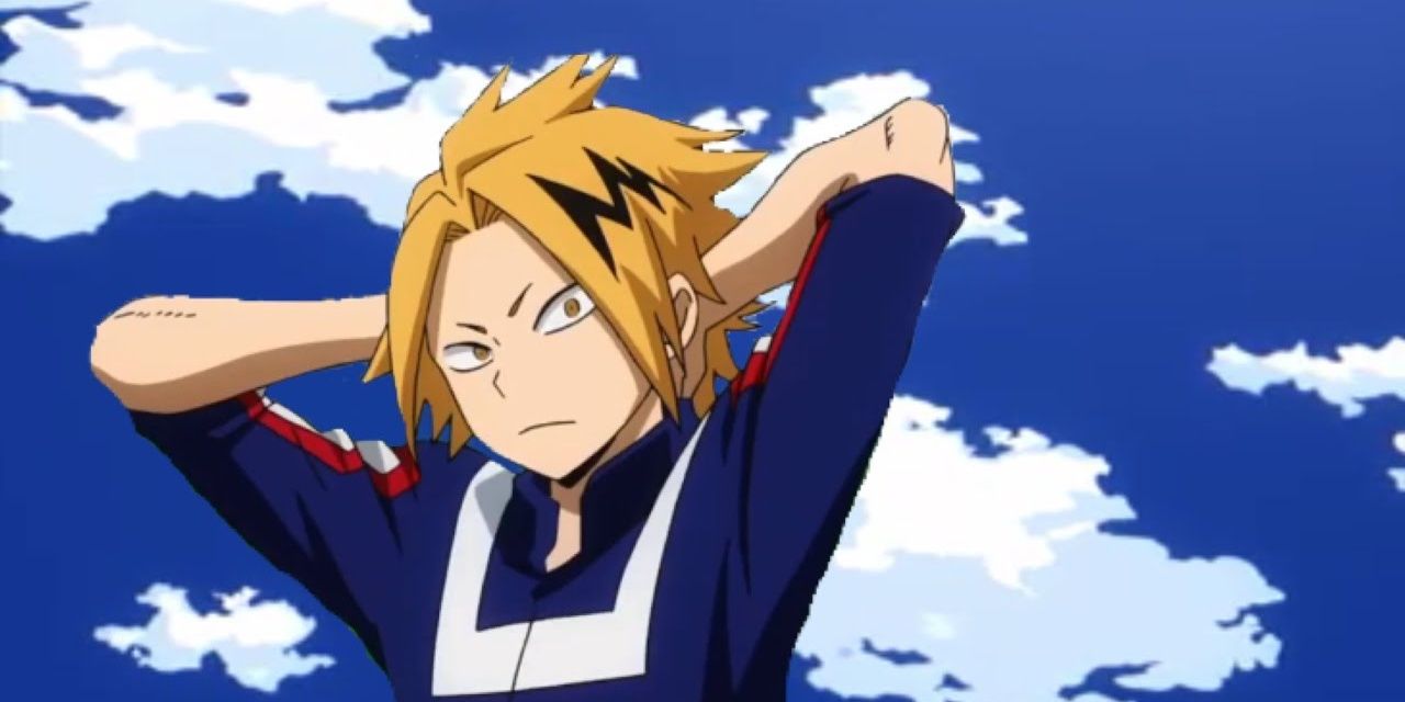 Denki with his hands behind his head against a sky strewn with clouds in My Hero Academia