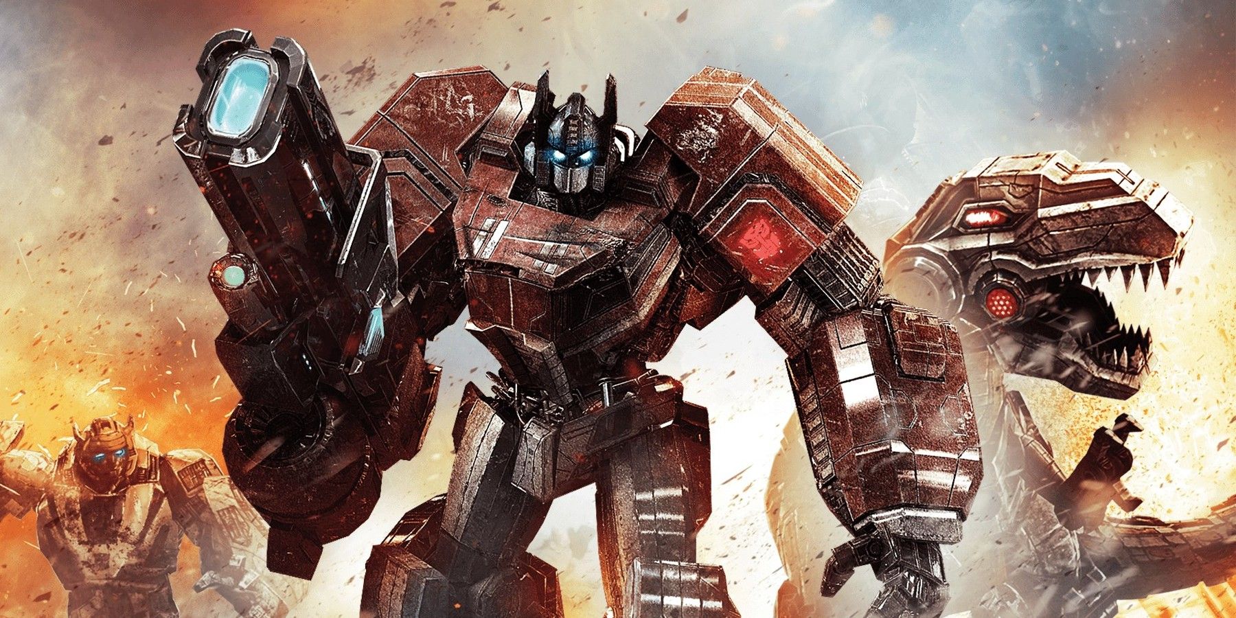Optimus Prime, Grimlock and Bumblebee on the cover artwork for Transformers: Fall Of Cybertron
