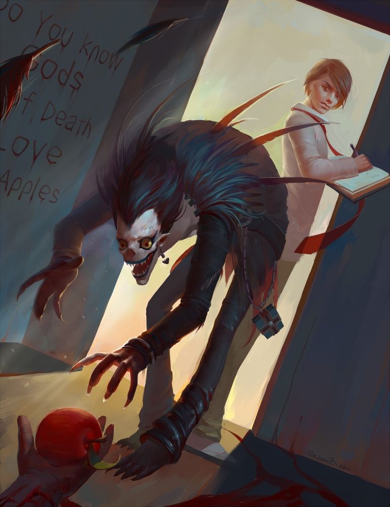 Ryuk from Death Note lunging for an apple