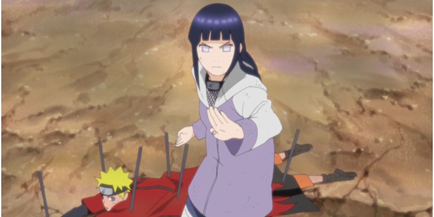 Hinata standing up to Pain in an effort to save Naruto in Shippuden's Pain Assault arc