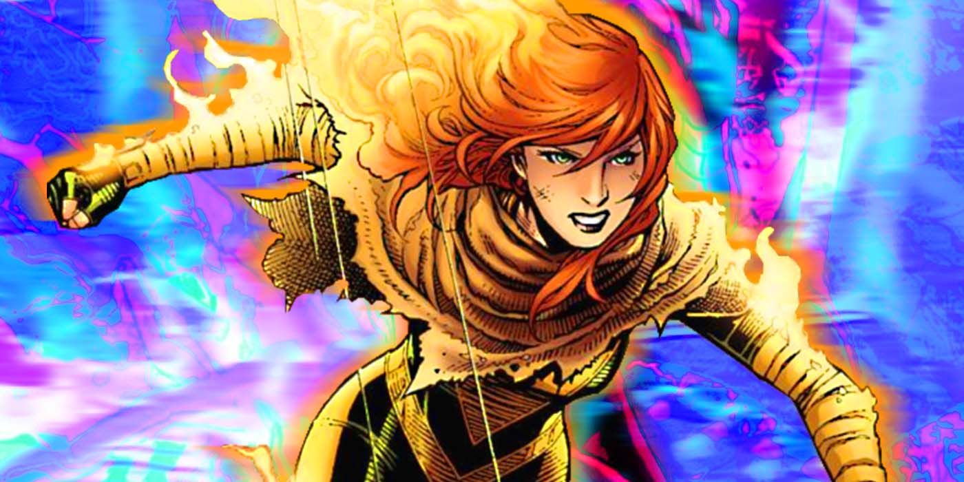 An image of Hope Summers with Phoenix Flames, in front of a blue and purple background