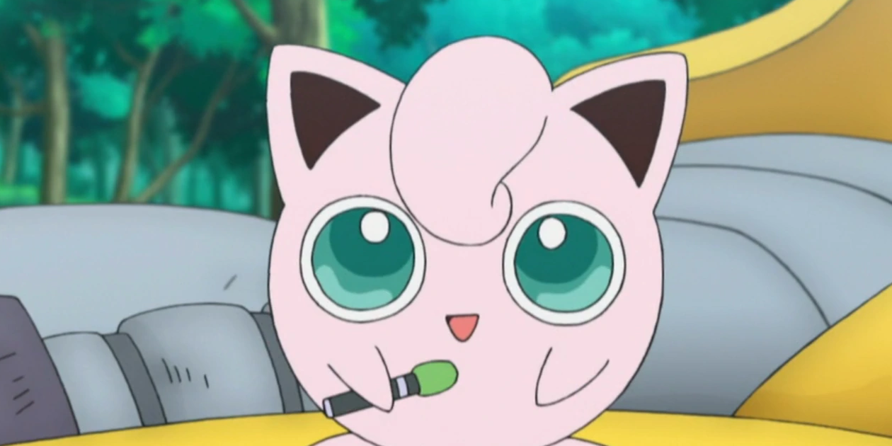 jigglypuff smiling with a microphone
