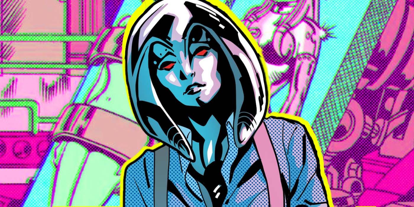 jocasta in front of a neon background