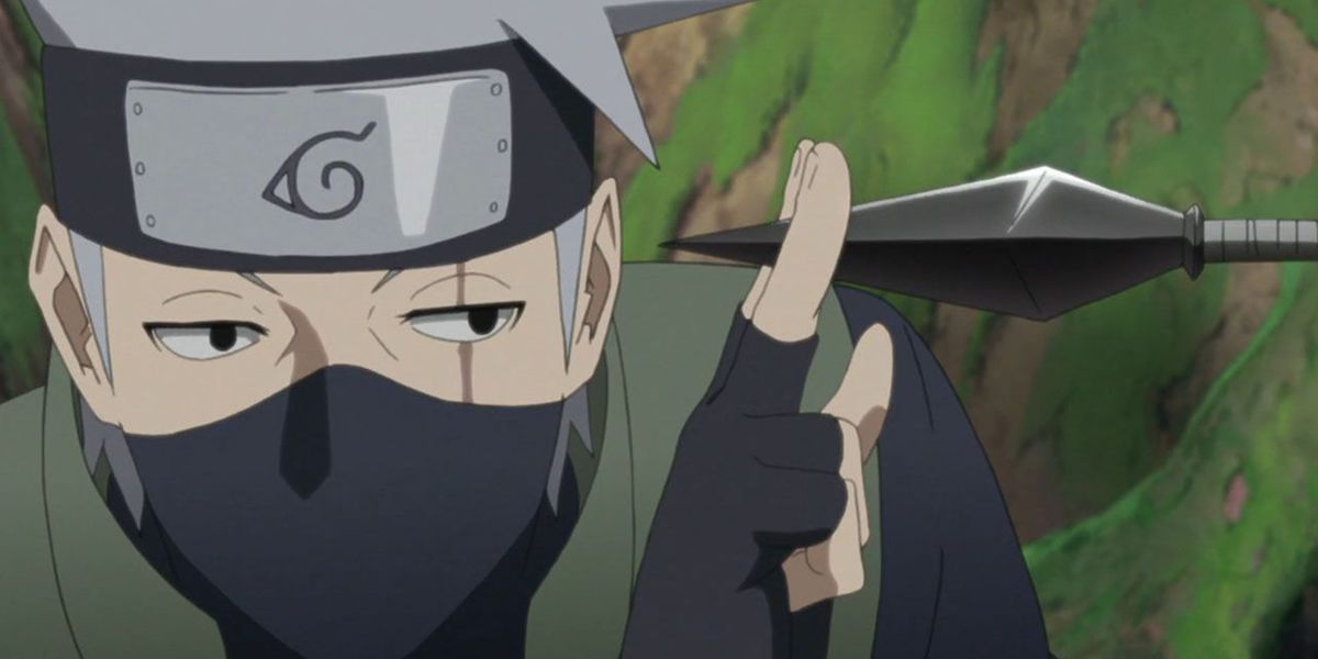 Kakashi catches a kunai blade between his fingers.