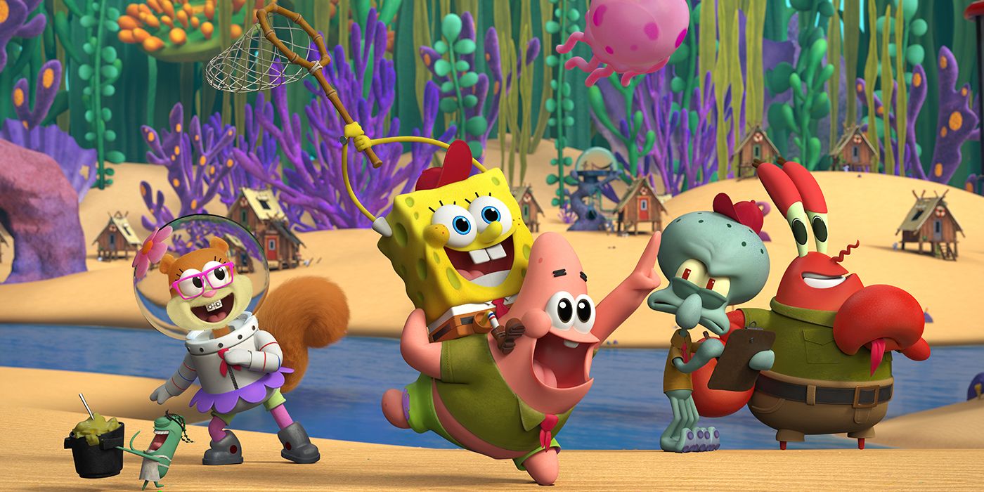 Sandy, Spongebob Squarepants, Patrick Star, Squidward and Mr. Krabs in Kamp Koral