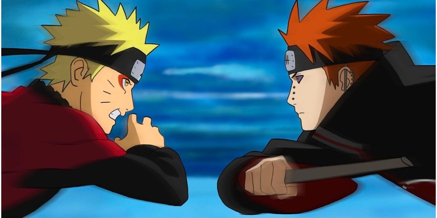 Naruto and Pain facing off before their battle in Shippuden.