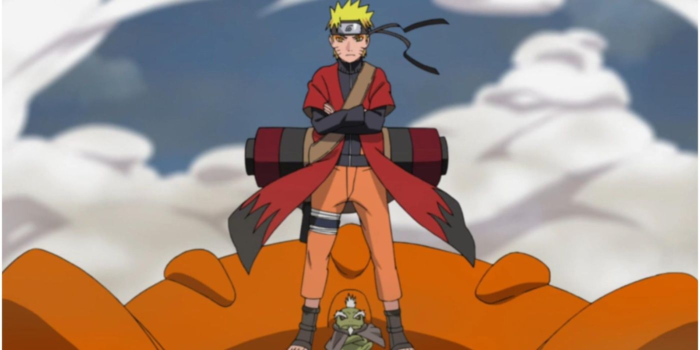 Sage Mode Naruto standing on top of toad summon in Naruto.