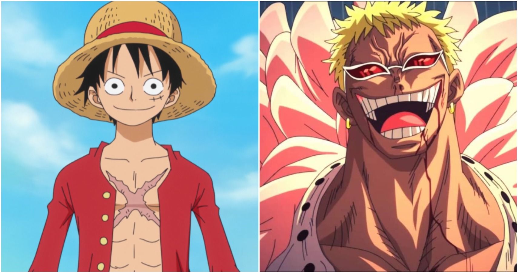 split image: Monkey D. Luffy and Donquixote Doflamingo from One Piece