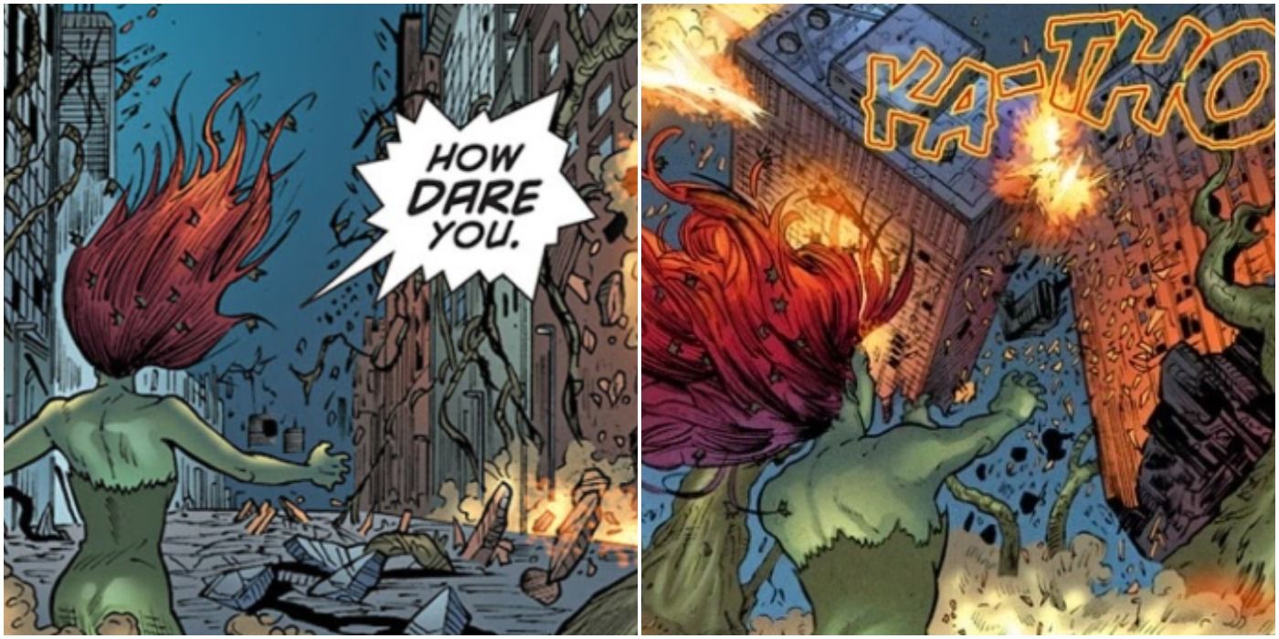 Collage of Poison Ivy destroying buildings