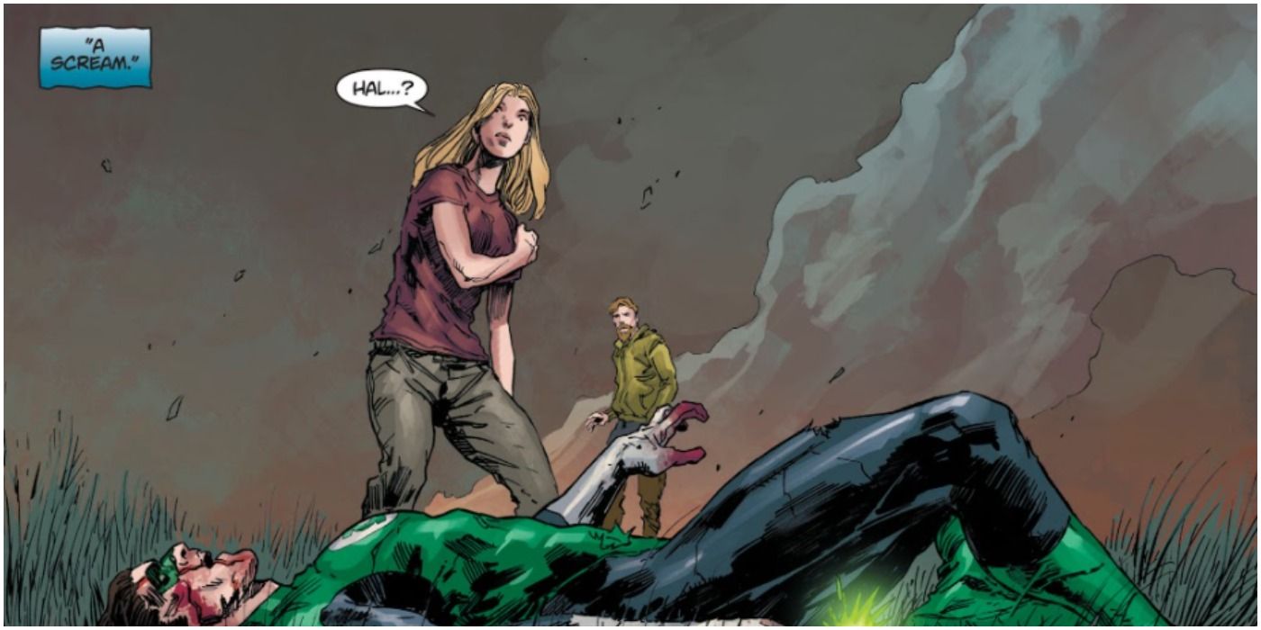 Black Canary shocked at Hal Jordan's death, Green Arrow in the background
