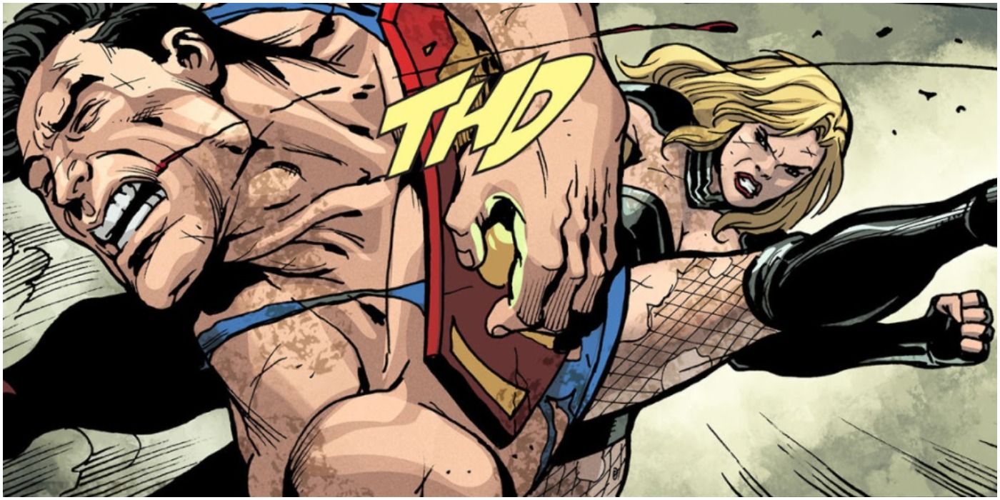 Panel of Superman kicking kicked by Black Canary