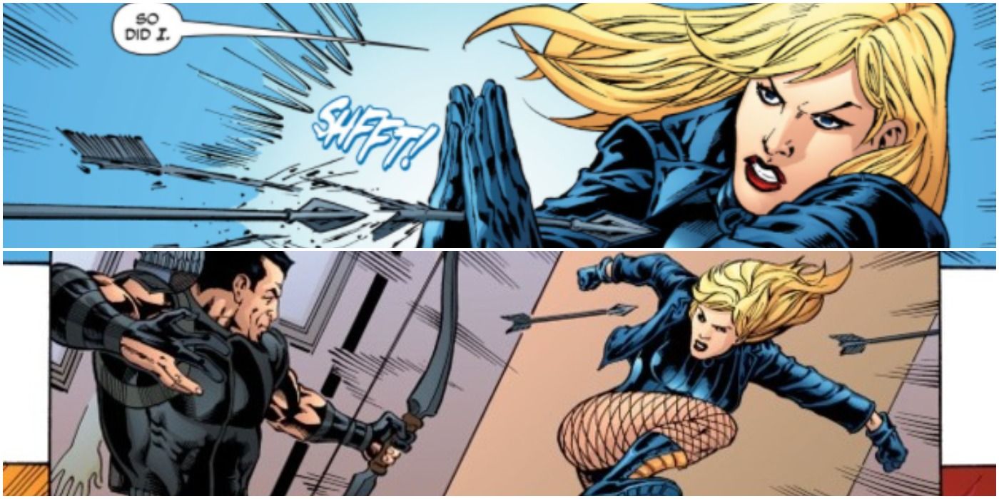 Canary catching an arrow with her bare hands and lunging towards her opponent