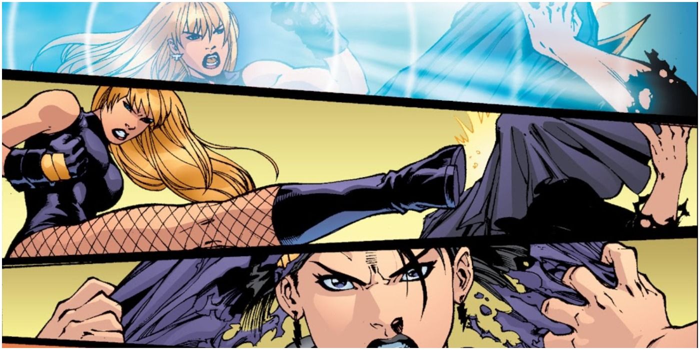 Comic panel of Canary using her powers and kicking Black Alice