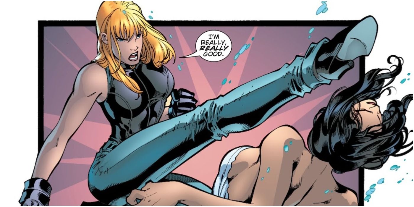 Panel of DC Comics' Black Canary kicking Chesire's head