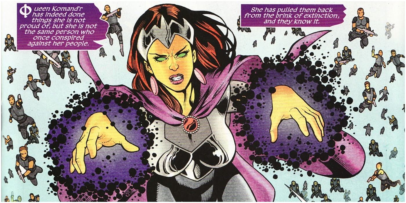 Comic panel of Blackfire leading her army, with blackbolts
