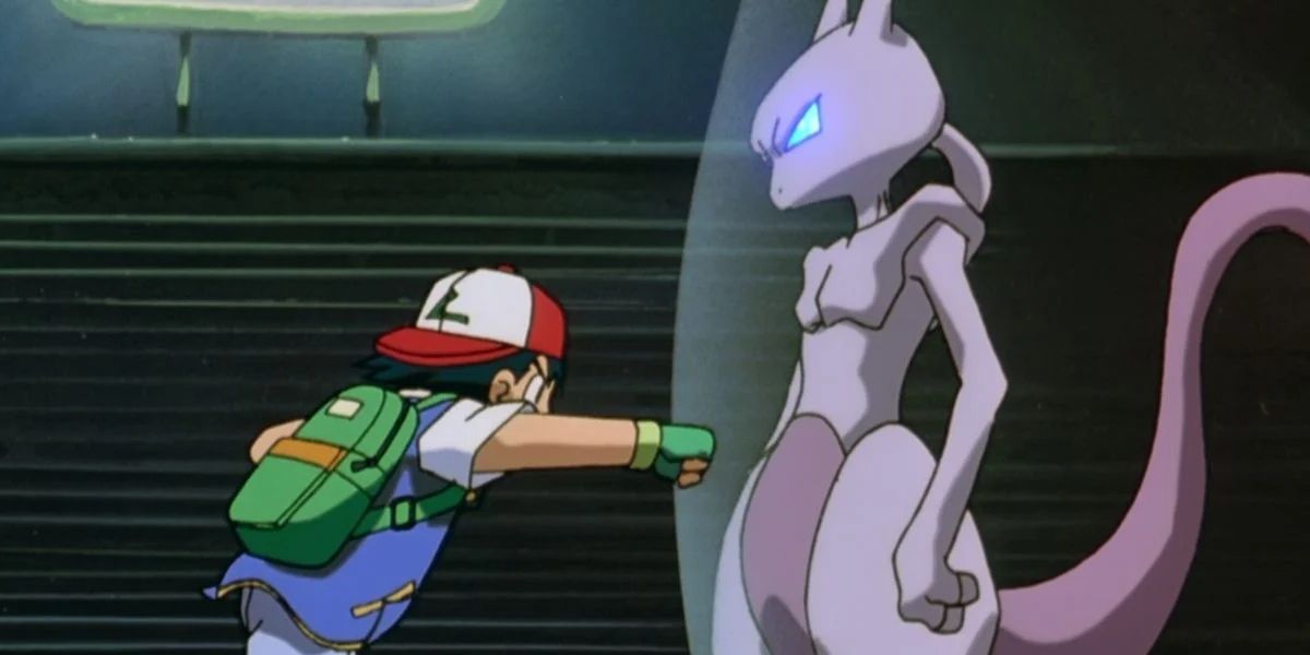 Ash trying to punch Mewtwo.