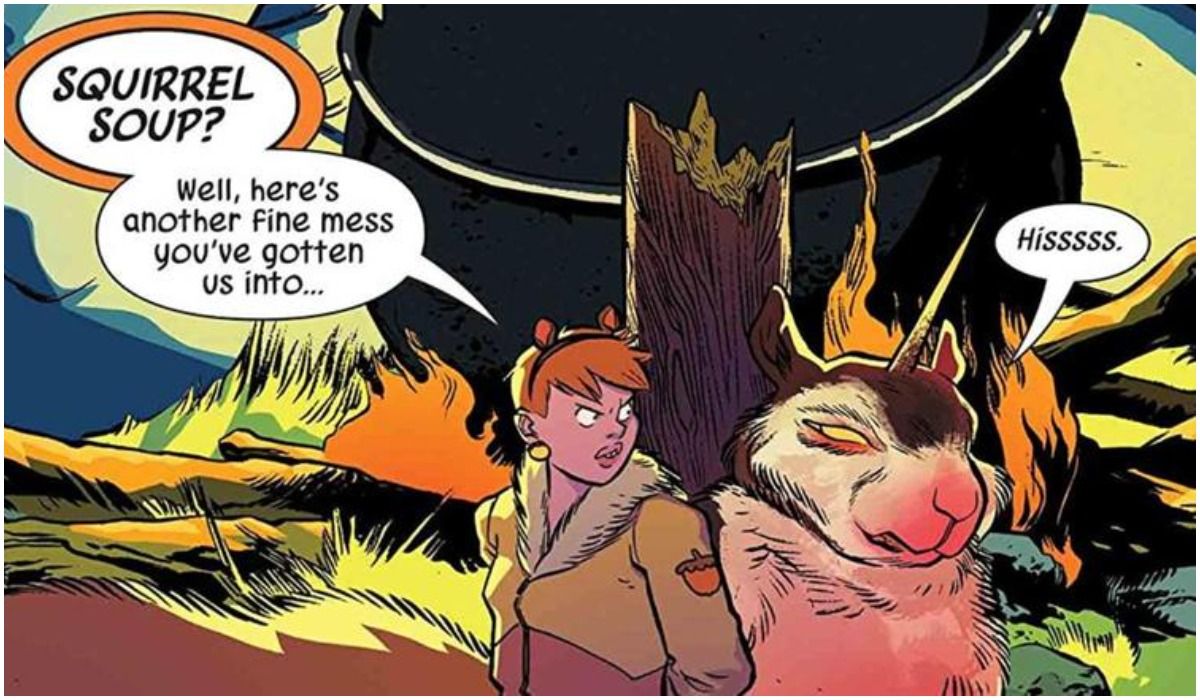 ratatoskr angrily stares at squirrel girl while tied to a tree