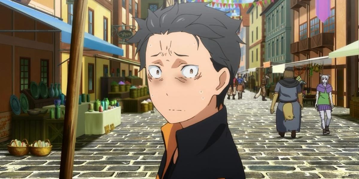 Subaru from Re:Zero looking tired and destroyed