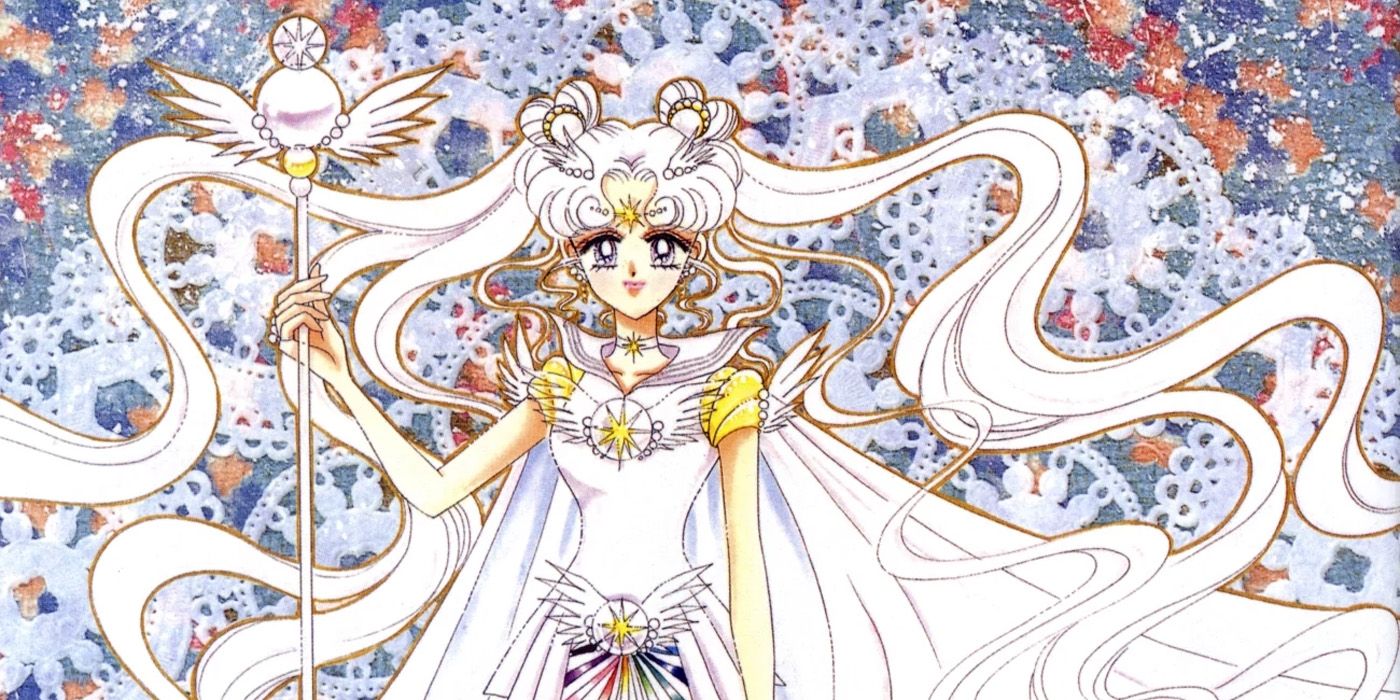 Sailor Cosmos of the Sailor Moon manga looking at viewer and holding her scepter.