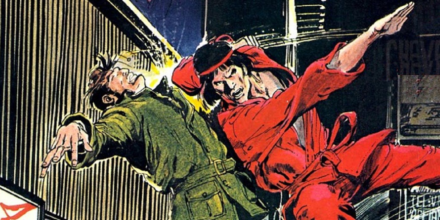 Shang-Chi attacking a man with the Deadly Hands of Kung-Fu.