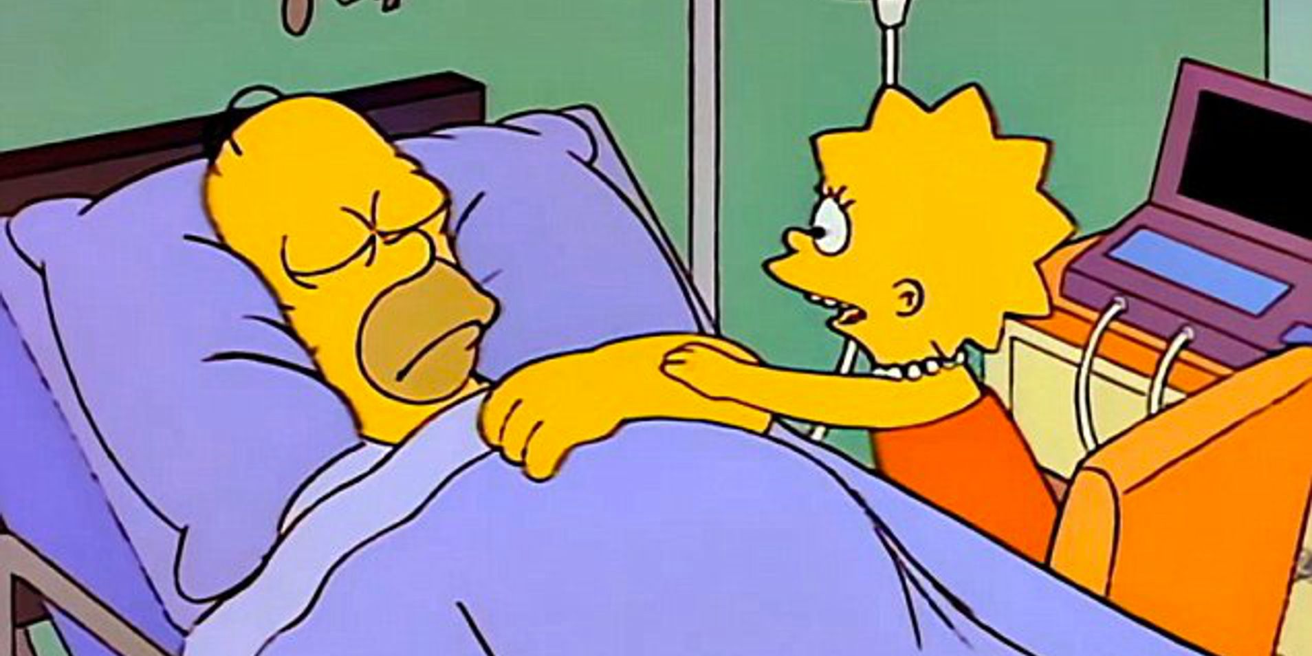 Lisa Simpson tries to wake her father Homer in the hospital in The Simpsons