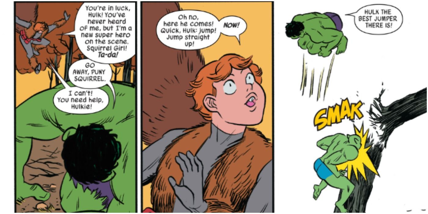 squirrel girl guides hulk in a fight with abomination