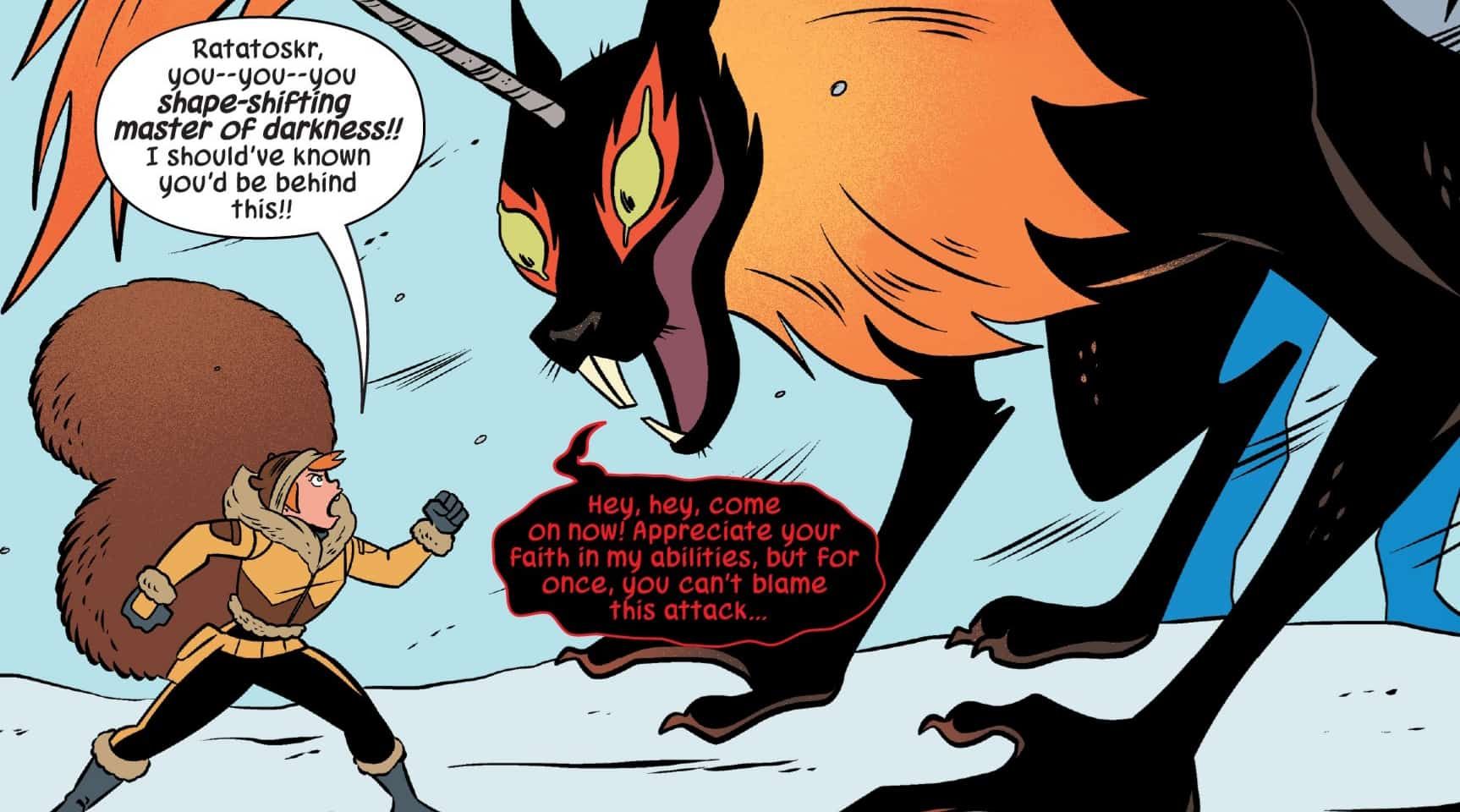ratatoskr, as a giant squirrel, stares down squirrel girl