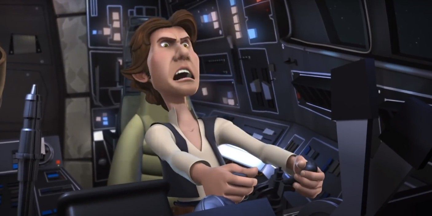 Han Solo frantically flying the Millennium Falcon in Star Wars animation