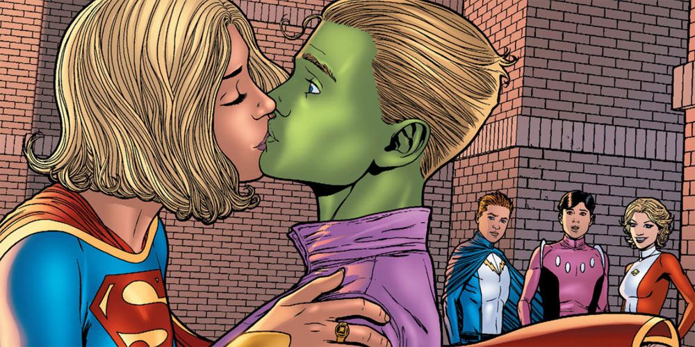 Supergirl kisses Brainiac 5 in front of the Legion of Super-Heroes - DC Comics