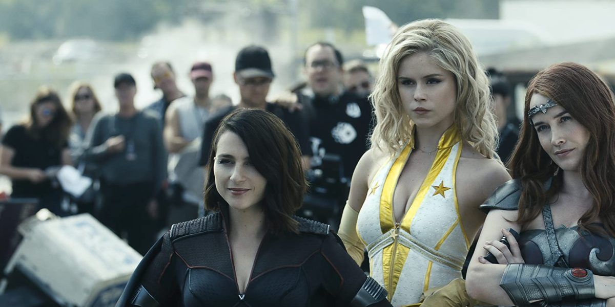 Stormfront, Starlight, and Queen Maeve on the set of the latest Seven movie in The Boys Season 2