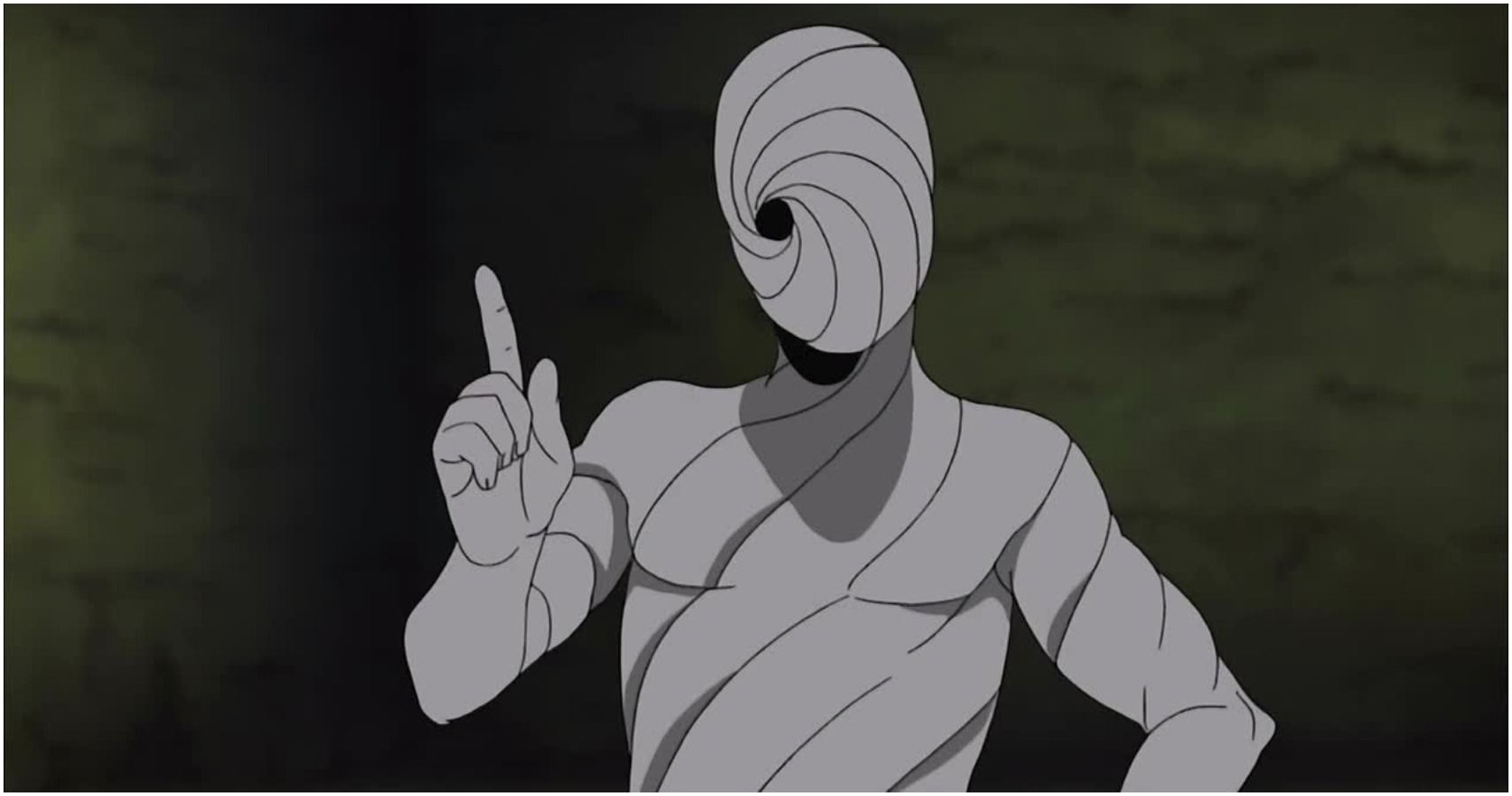 tobi from naruto standing with one finger pointed up