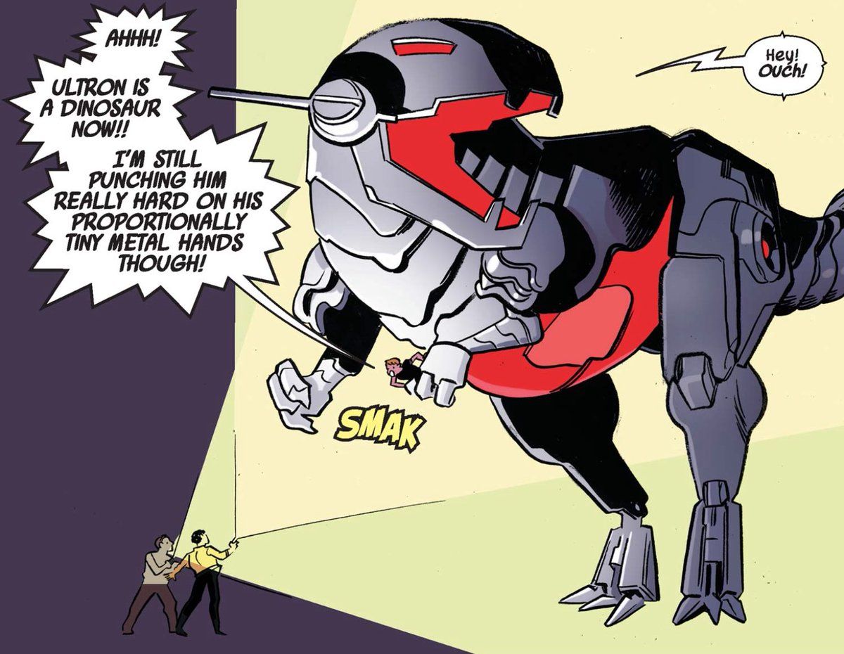 Dinosaur Ultron holds Squirrel Girl in its tiny tyrannosaurus hands, while she punches him, to no effect