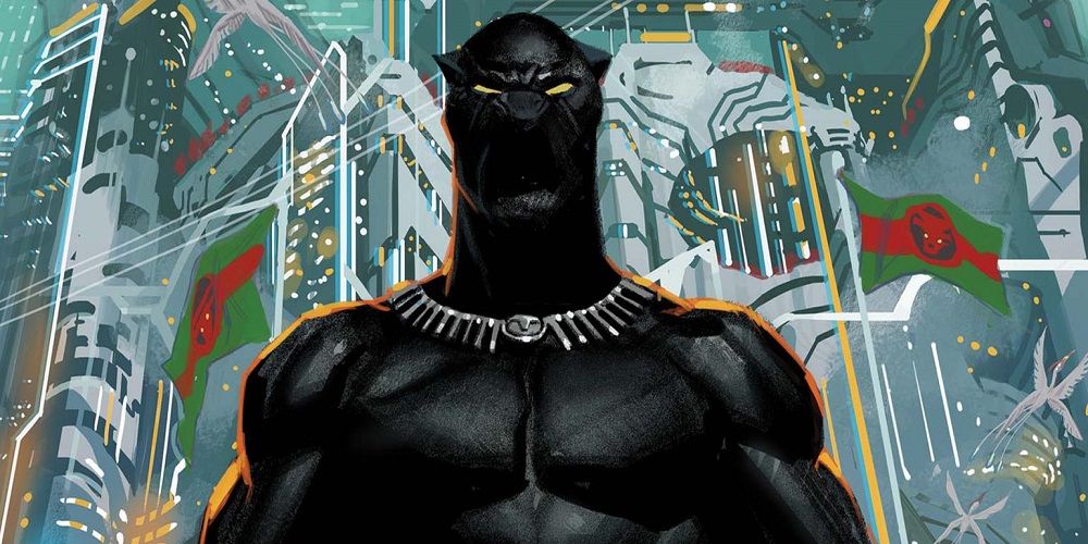 Black Panther standing in front of a city