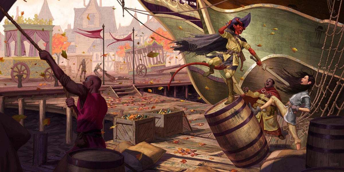 Young adventurers play around the docks in Waterdeep.